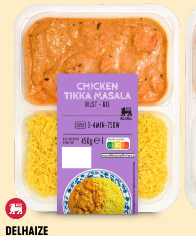 Bereide schotel Kip (tikka massala, groene curry of zoetzuur) of scampi (rode curry)