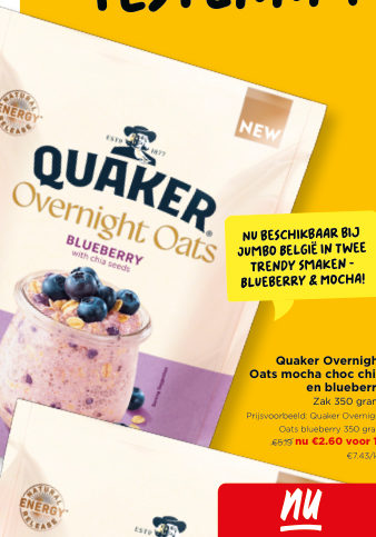 Quaker Overnight Oats mocha choc chip en blueberry