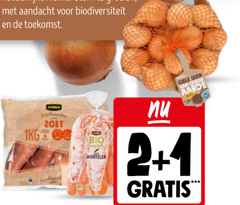 Jumbo zoete aardappelen, bio wortelen en gele ajuinen