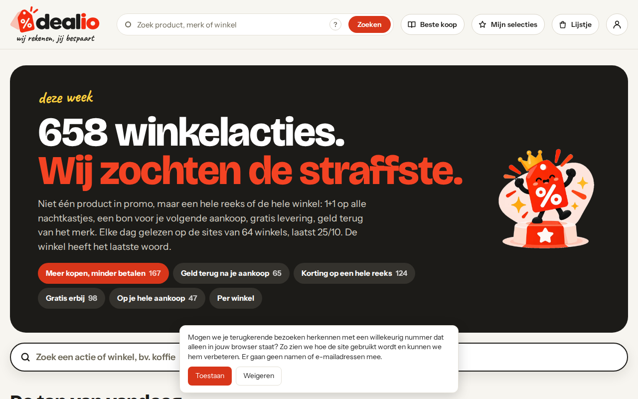 De winkelacties: 1+1, cashback, geen btw, gratis levering, per winkel (desktop)