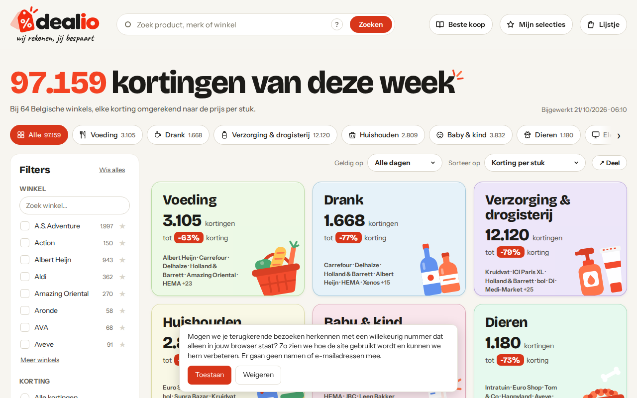 De startpagina: de kortingen van vandaag, elke korting omgerekend naar één stuk (desktop)