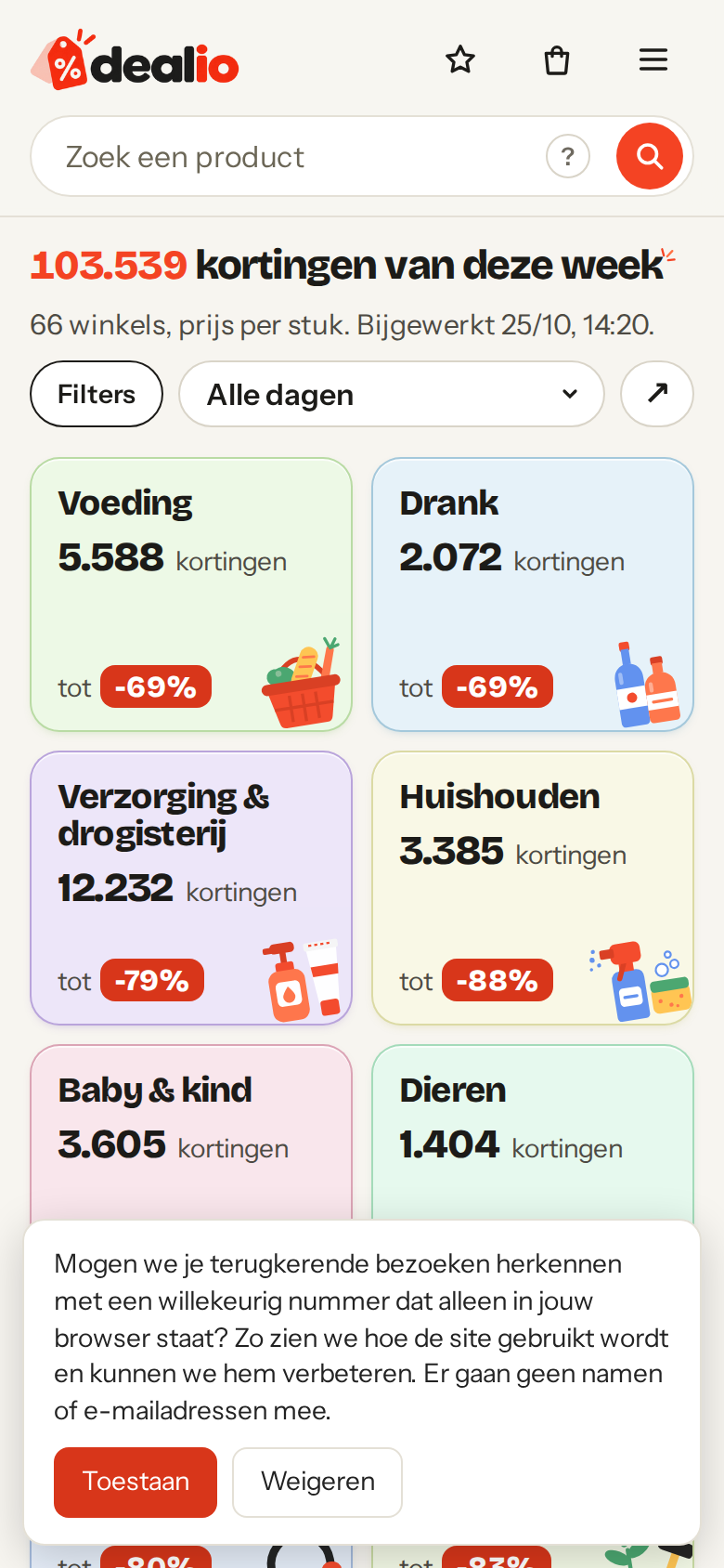 De startpagina: de kortingen van vandaag, elke korting omgerekend naar één stuk (telefoon)