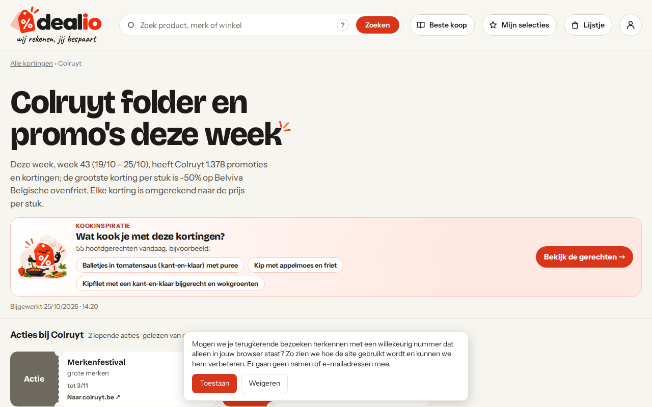 Een winkelpagina (Colruyt): alle promoties van de winkel, met filters (desktop)